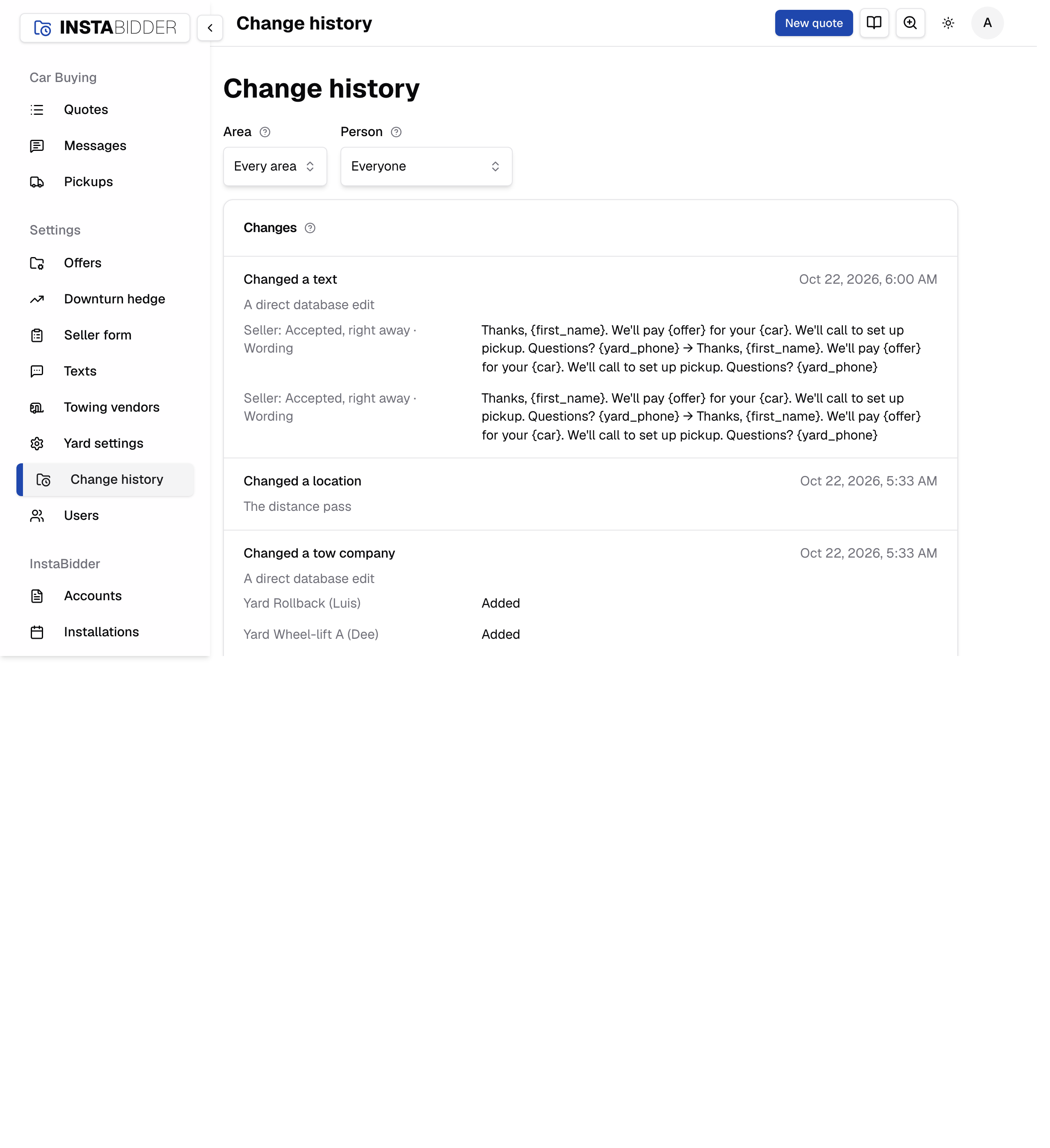 The Change history page