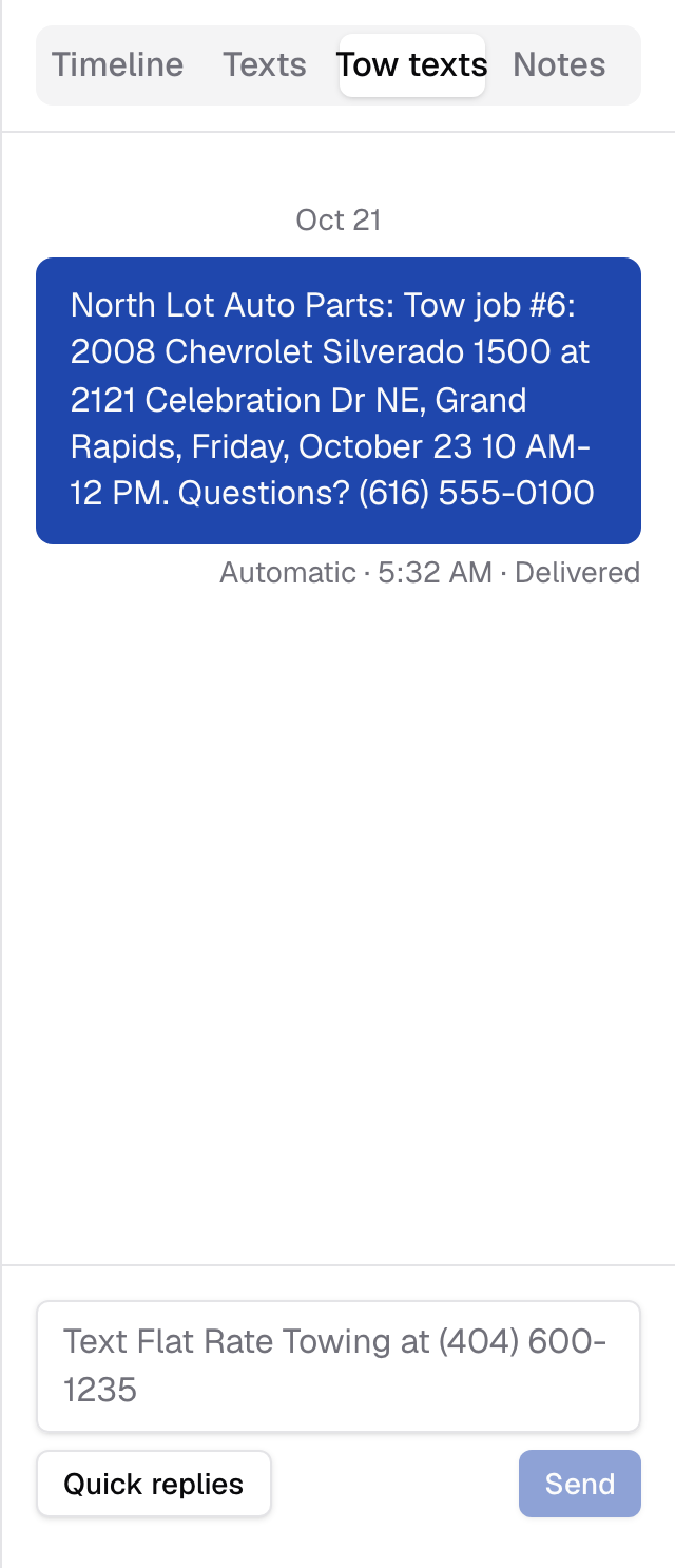 The Tow texts tab on a booked quote